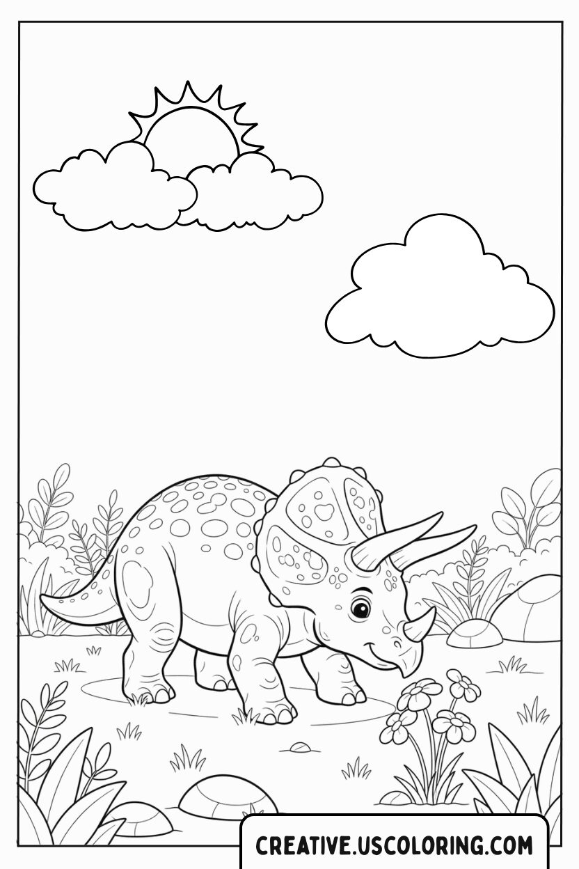 dinosaur-triceratops-in-lush-garden-coloring-page