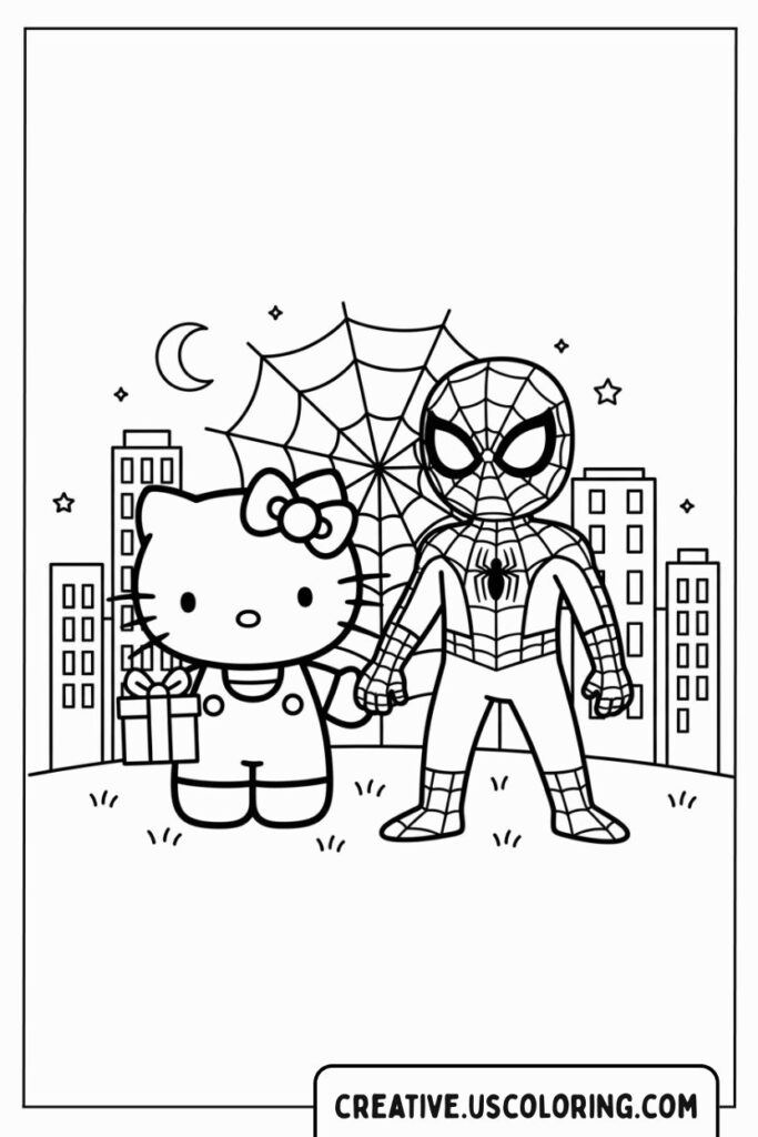 hello-kitty-spiderman-crossover-coloring-page