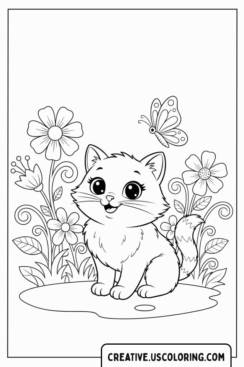 kitty-cat-in-flower-garden-coloring-page