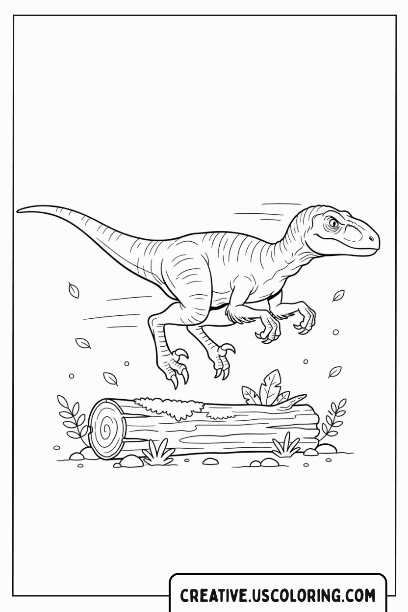 raptor-dinosaur-leaping-over-log-coloring-page
