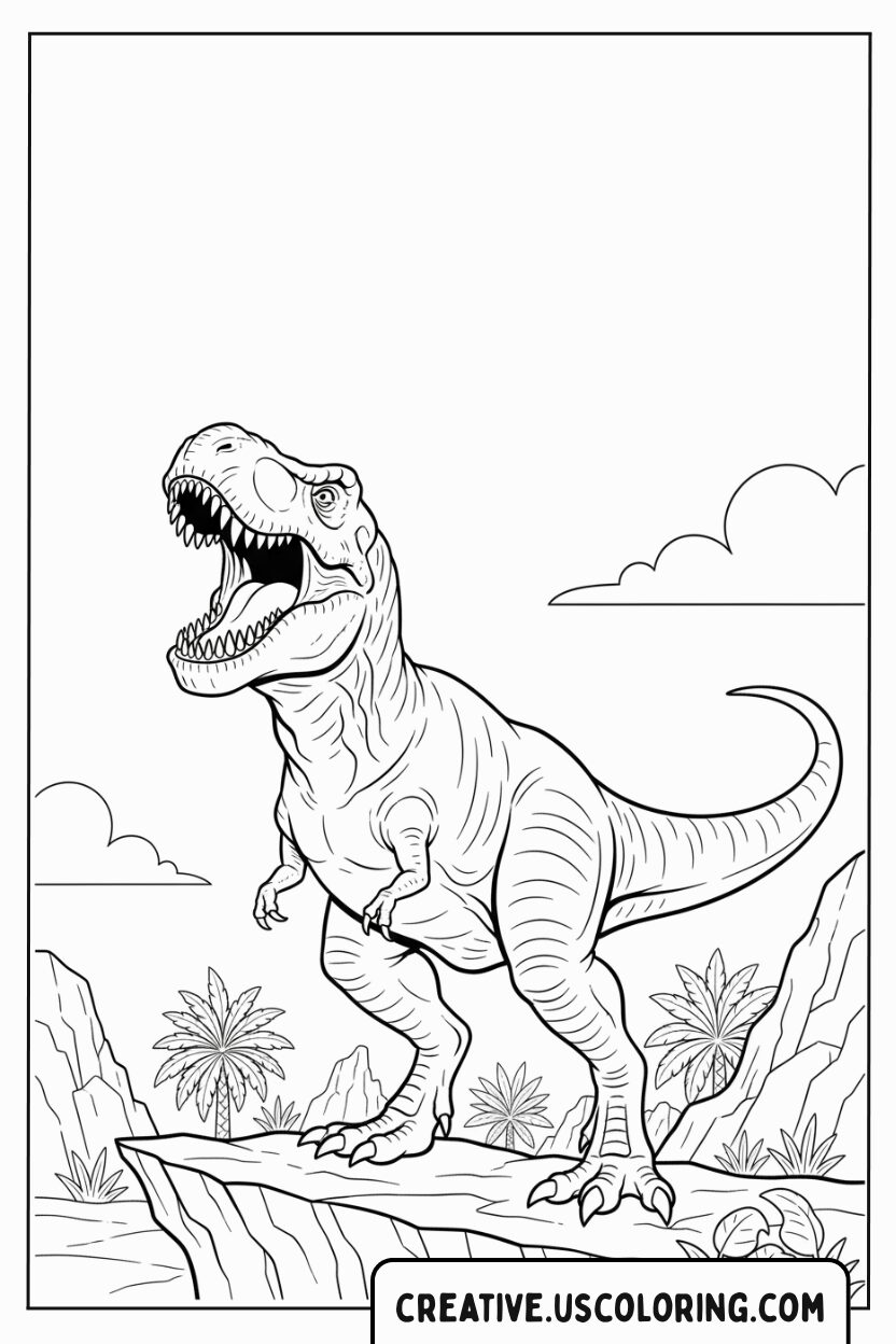 t-rex-dinosaur-roaring-on-cliff-coloring-page
