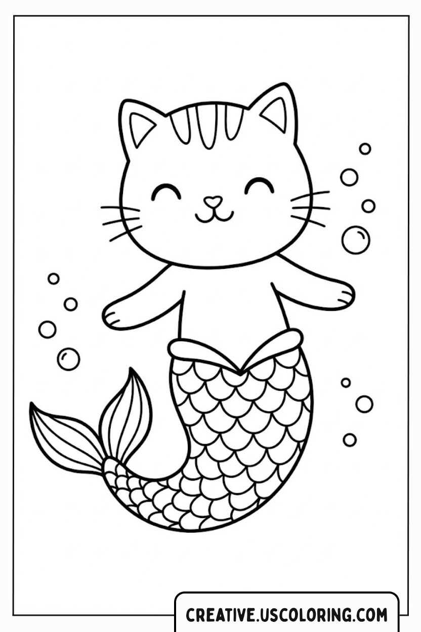 Paws Under the Waves -Mermaid Cat Coloring Page