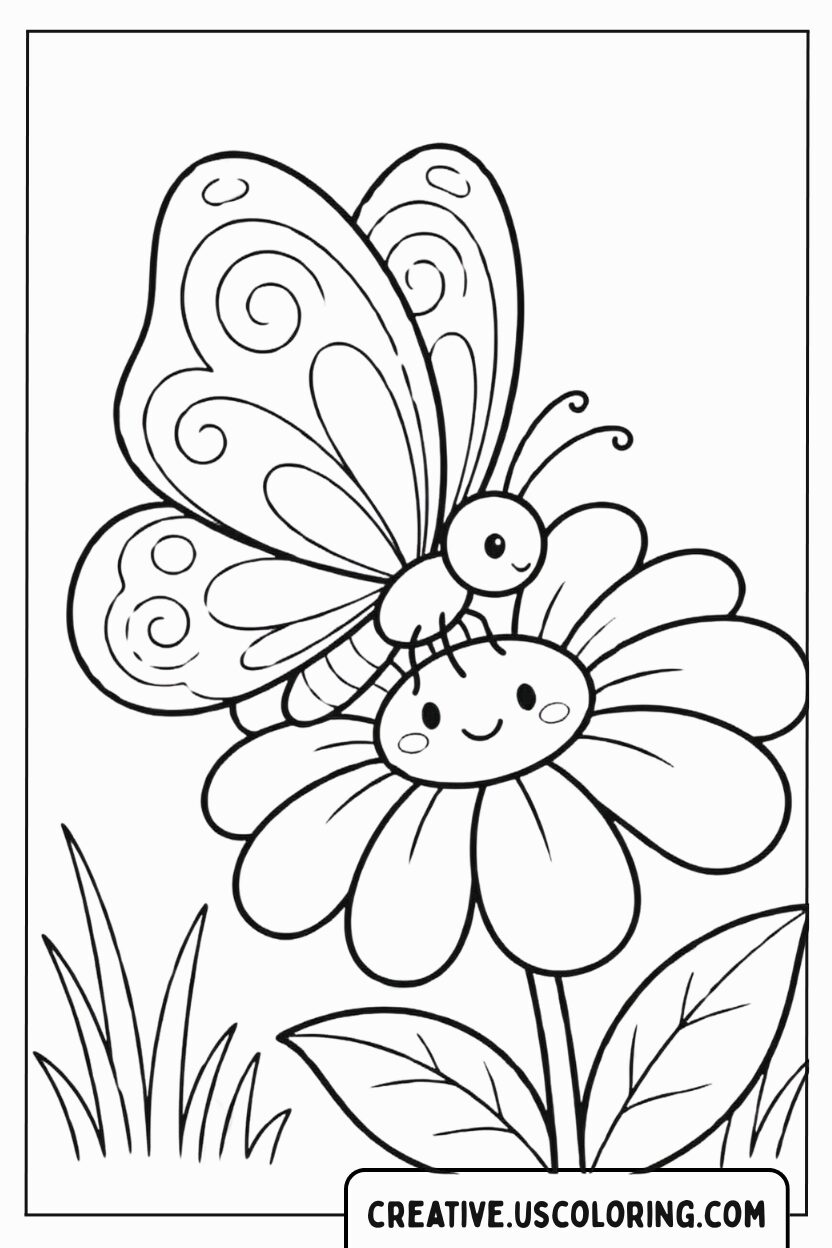 Pretty Butterfly and Flower Coloring Page